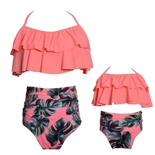 Для маленьких детей одежда заплыва обувь для девочек маленьких Высокая талия комплект бикини воланом печати пляжный купальник милый купальник