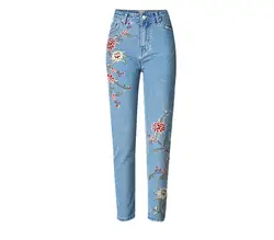 2018 Для женщин Джинсы для женщин Высокая талия цветочный 3d вышивка Высокая талия женские прямые джинсовые штаны Джинсы для женщин Низ
