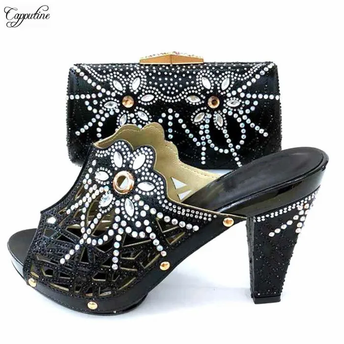 

Latest black with stones high heel pump shoes and purse bag nice matching for party dress 667-2 heel height 11.2cm