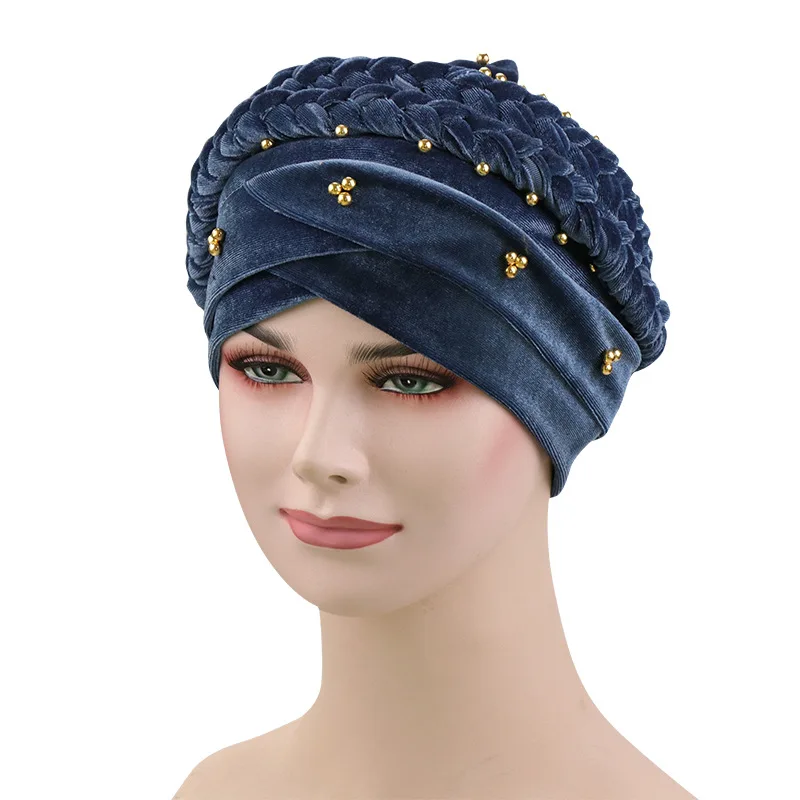 velvet beads head hijab caps turban indian hair bands for women muslim headbands headscarf hats braid Bandanas girls