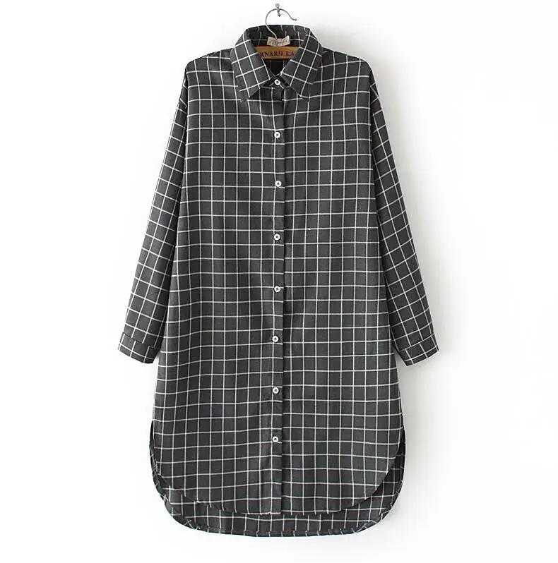

2018 spring and autumn new women's Korean version of the BF lattice loose thin large size long section long-sleeved shirt