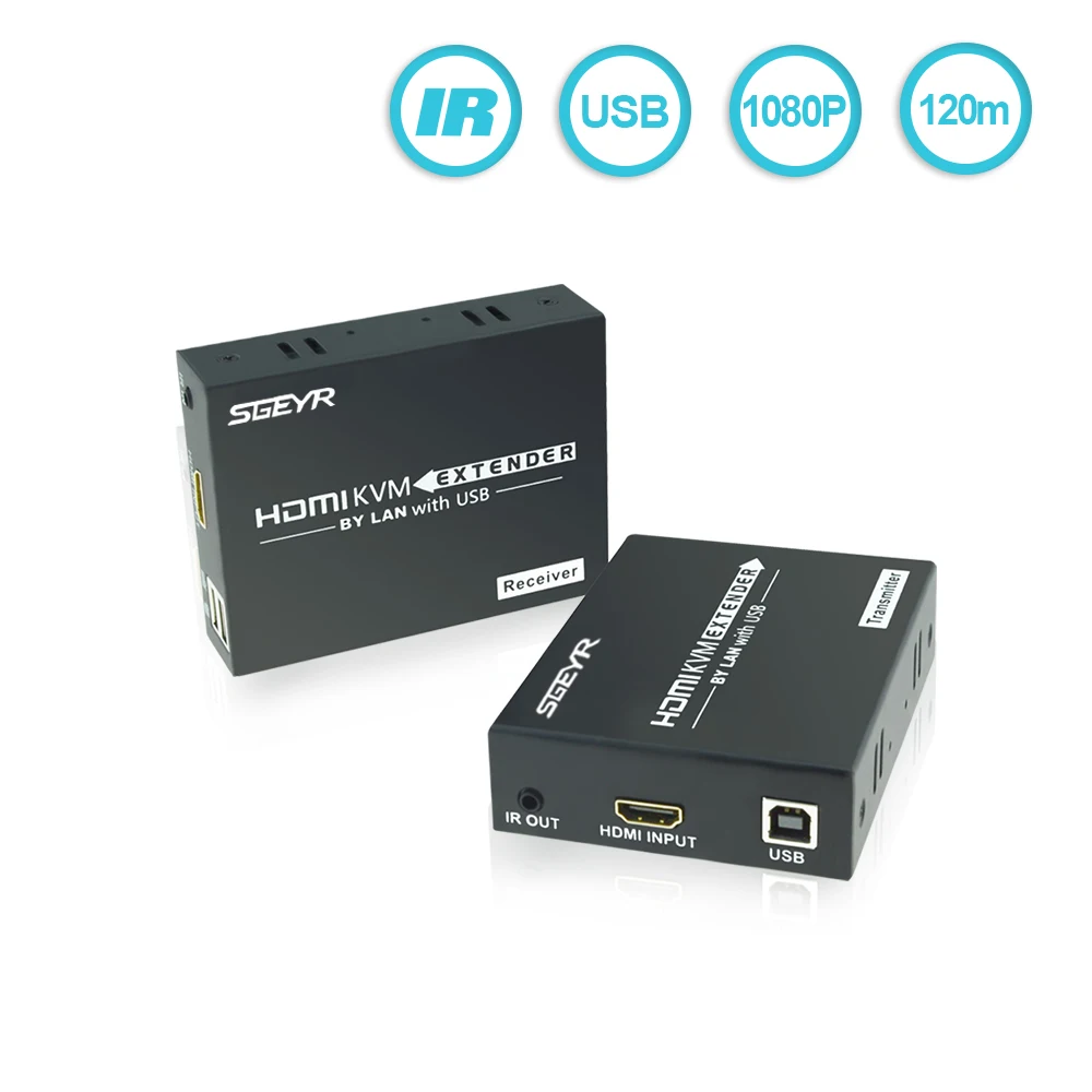 

SGEYR HDMI KVM Extender 120m with IR,120m USB HDMI IR KVM Extender by CAT5e/6 (1 Extender TX+1 Extender RX)