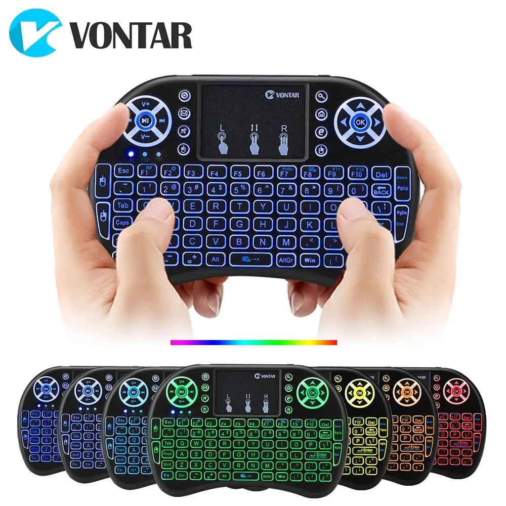 Vontar-teclado Portátil sem Fio i8 Cores Retroiluminado 2.4g Air Mouse Inglês Touchpad Russo Android tv Box t9 H96 Max Plus