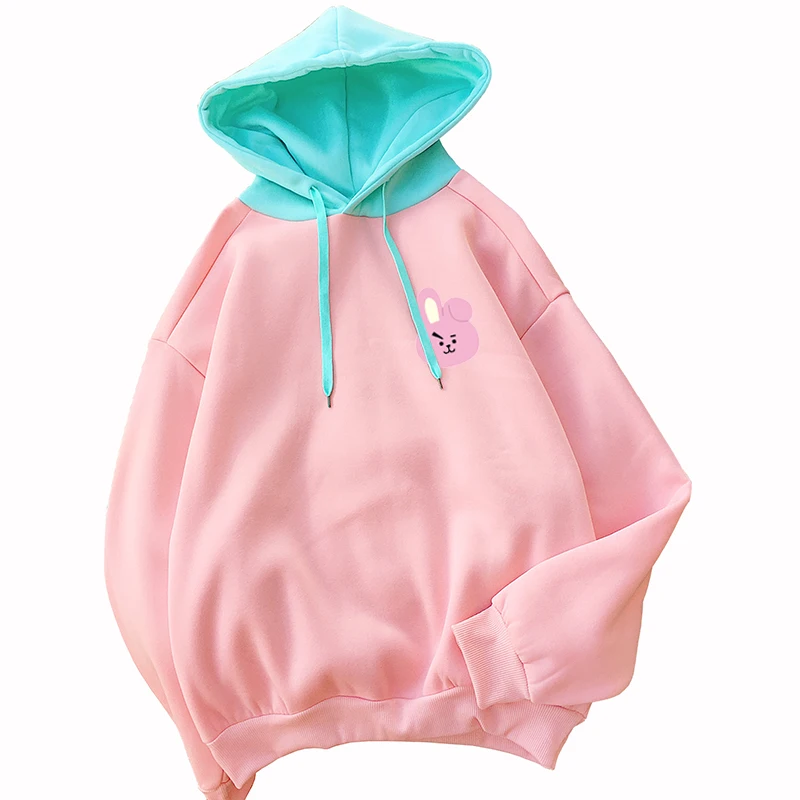 Kawaii Cartoon Pink Rabbit Hoodies Women Loose Harajuku Spell Color Stitching Thicken Moletom 
