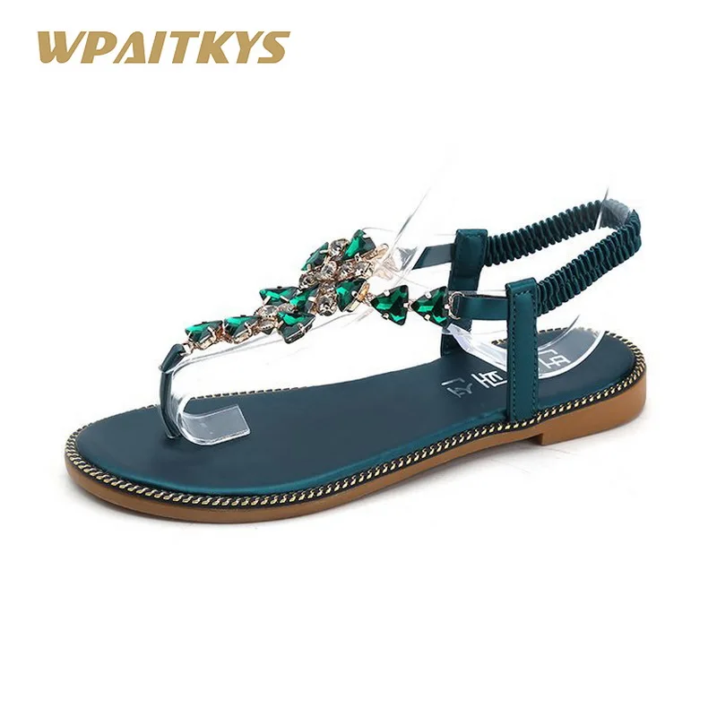 

Sandals 2018 Black Green Shoes Woman Fashion Elegant Buckle Rhinestone Flat Heel Wedge Shoes Birthday Banquet