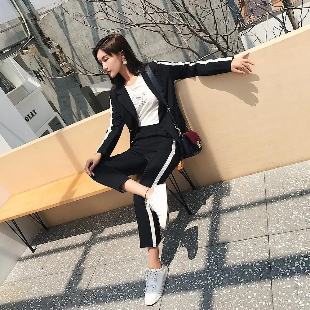 

2 piece outfits for women fashion suit female sports wind stitching jacket and pants slim temperament womens two piece sets 2018