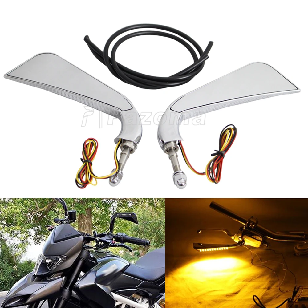 Chrome Led Motorcycle Rearview Mirrors W/ Running Light Turn Signals