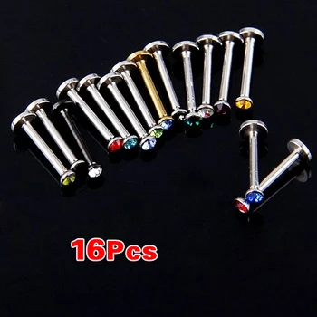 

16 316L Steel 1.2mm Multicolor Crystal Labret Rings Body Piercing