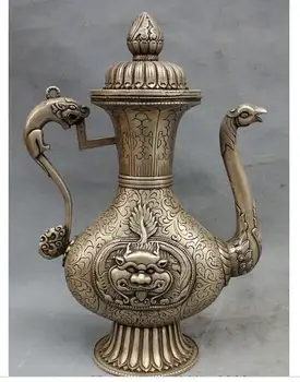

decoration copper silver factory outlets 13" Chinese Silver Buddhism Phoenix Dragon Head Statue Flower Wine Pot Teapot