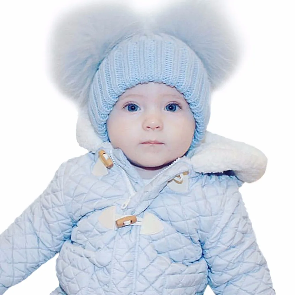 Шерстяная вязаная шапка для маленьких детей, шапка с двойным меховым помпоном, детская шапочка на зиму и весну, теплая шапка с помпоном для мальчиков и девочек 13 см, шапки с помпоном, шапка