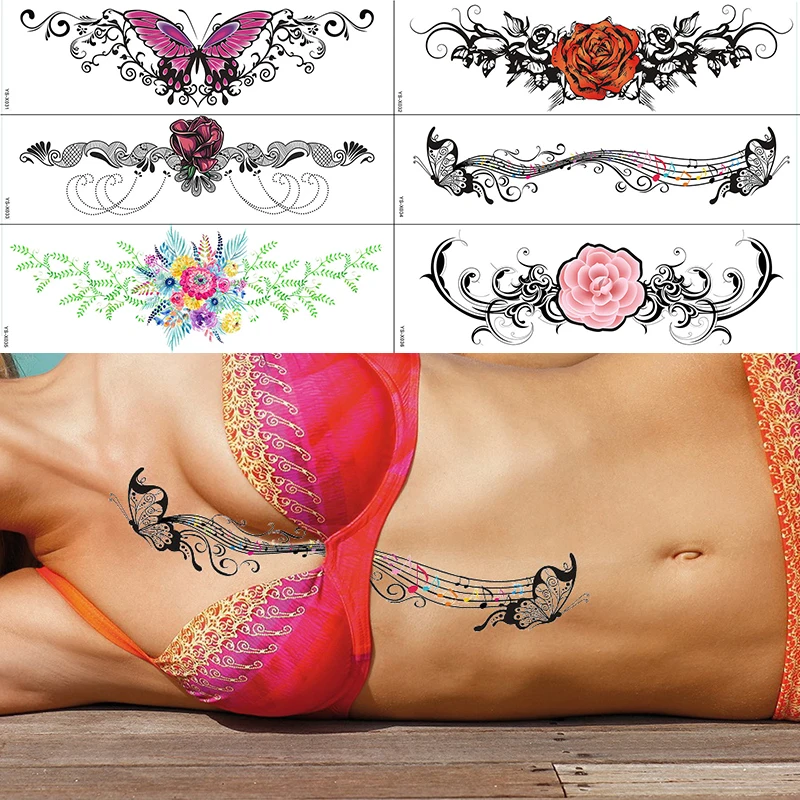 

Beach Holiday Sexy Fake Tattoos on body bosom sternum bust waterproof temporary tattoo for bikini girls women trendy pattern big