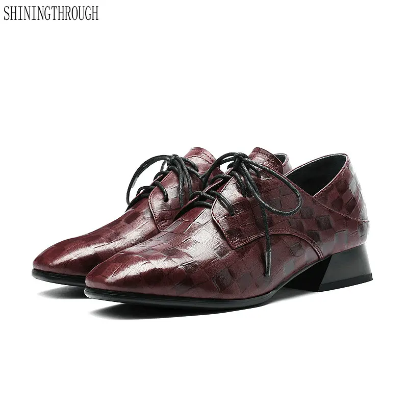 

New Ladies Pumps Casual Fashion Women British Retro Genuine Leather Shoes Low Heels Woman Round Head Lace Shoes