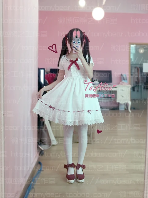 Super Cute Girls White Lace Dress Red Ribbon Big Bow Short Sleeve Lolita  Dress - AliExpress