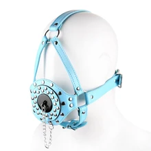 Синий искусственная кожа БДСМ Связывание высокого качества унисекс регулировать покрытие на голову маска с открытым ртом кляп сексуальный готический косплей Rave