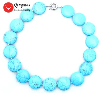 

Qingmos Blue Natural TURQUOISES 17" Chokers Necklace for Women with 20mm Blue Round Coin TURQUOISES Stone Fine Jewelry Nec5646
