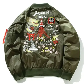 

Autumn Winter Men Casual Dragon Tower Embroidery Thin MA1 Bomber Jacket Male Stand Collar Baseball Jacket Pilot Coat Plus Size