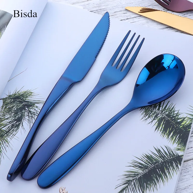 

3PCS Luxury Cutlery Set 18/8 Stainless Steel Blue Dinnerware Set Black Cutleries Thick HandleTableware set Dinner Knife Fork