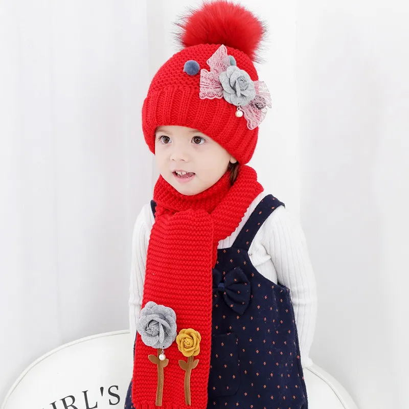 Kids Winter Hats Girls Boys Children Crochet Warm Caps Scarf Set Baby