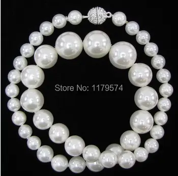 

New Fashion Girl 100% Real 8-14mm white shell pearl round beads necklace 18" H0025