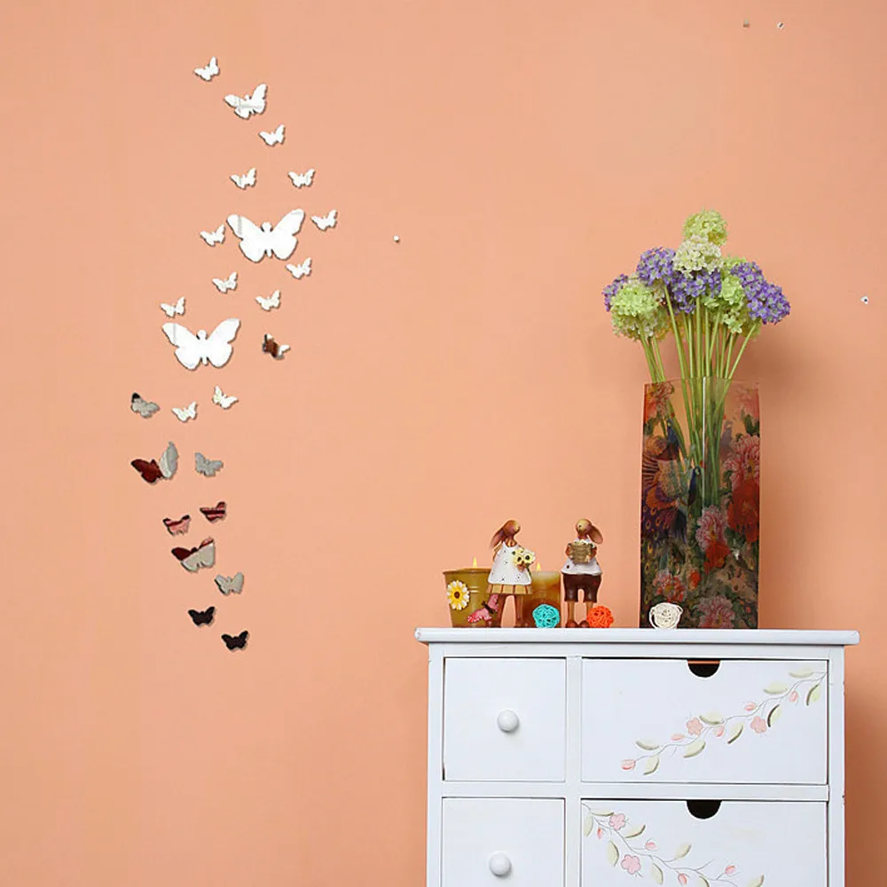 

3D DIY Wall Sticker Stair Mariposas Decorativas Butterfly Silver Mirror Sticker Spiegel Stickers Bedroom Decoration Home Decor