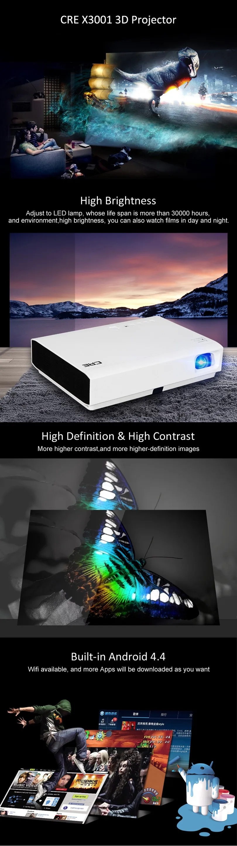 DLP проектор с высоким ярким 3LED Светильник 3000 люмен экран Бесплатный ТВ проектор С коротковолновой проектором