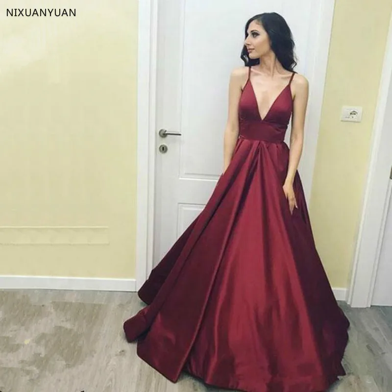 

2019 Burgundy Simple Sexy V Neck Prom Dresses Sexy Spaghetti Strap A Line Stain Formal Evening Dresses Long Party Gowns