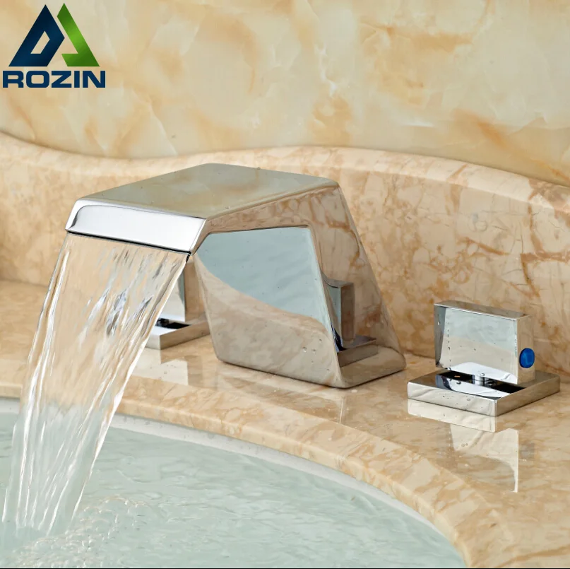 

Polished Chrome Dule Handle Waterfall Basin Faucet Deck Mount 3 Holes Widespread Tub Mixer Taps