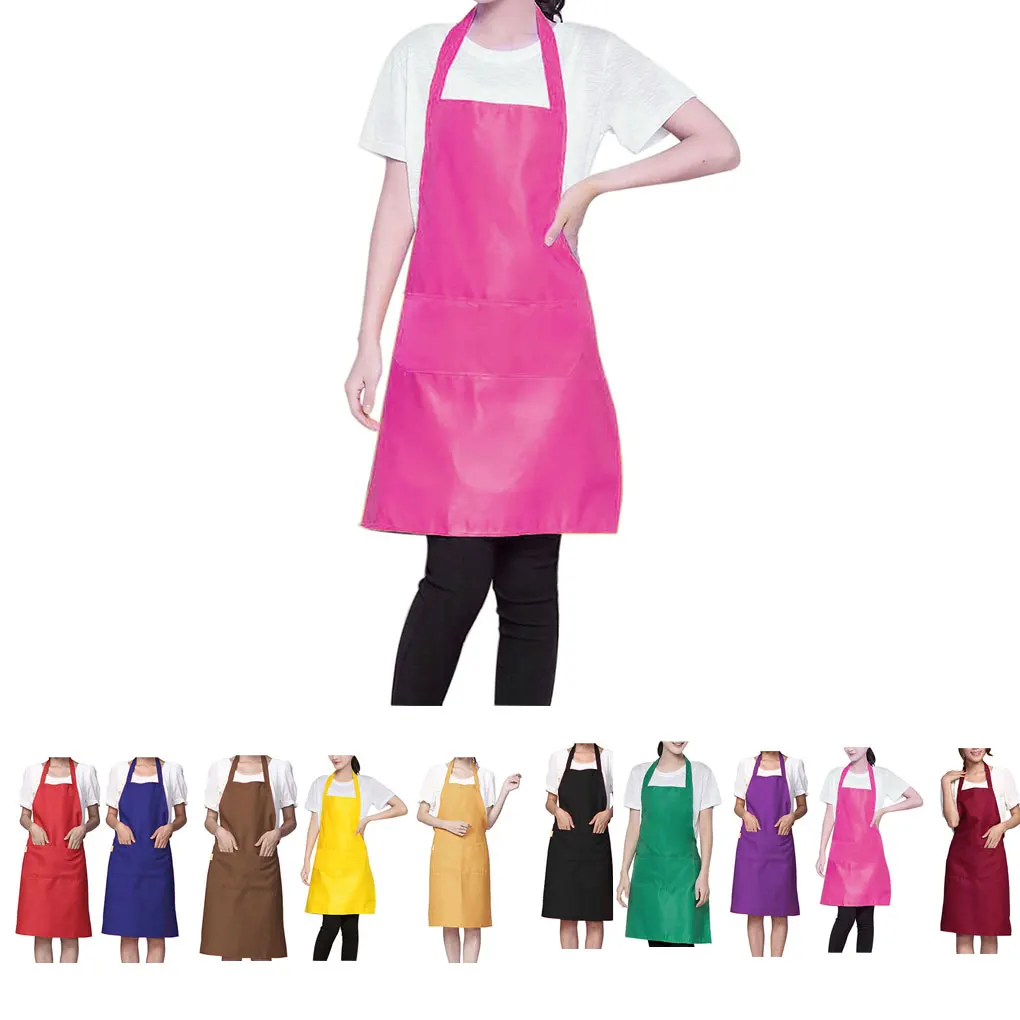 

Solid Color Simple Design Halter Neck Apron Polyester Waiter Baker Chefs Full Bib Front Pocket