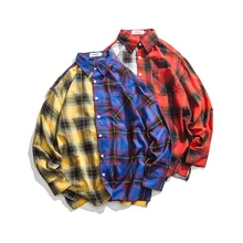 Весенняя индивидуальная Корейская версия тренда цвета, подходящая мужская клетчатая рубашка, Повседневная Свободная рубашка с длинными рукавами в стиле хип-хоп