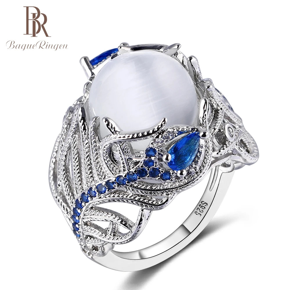 Bague Ringen, модный дизайн, лунный камень, перо, 925 пробы, серебряные кольца для женщин, Ретро стиль, синее сапфировое кольцо из драгоценных камней