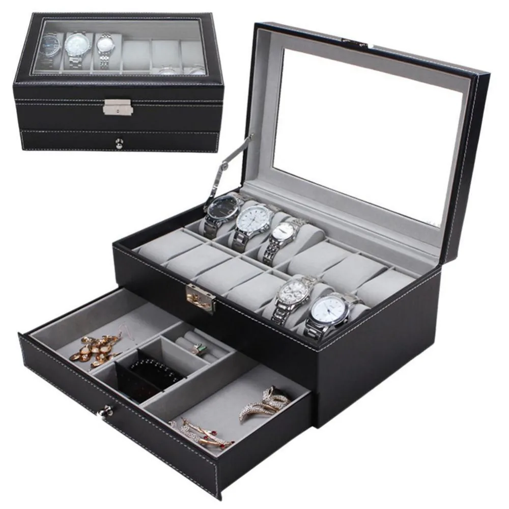 

Double-layer PU Leather Watch Jewelry Display Box, 12 Grid with Watch Pillows Lockable Jewelry Storage Box Two colour