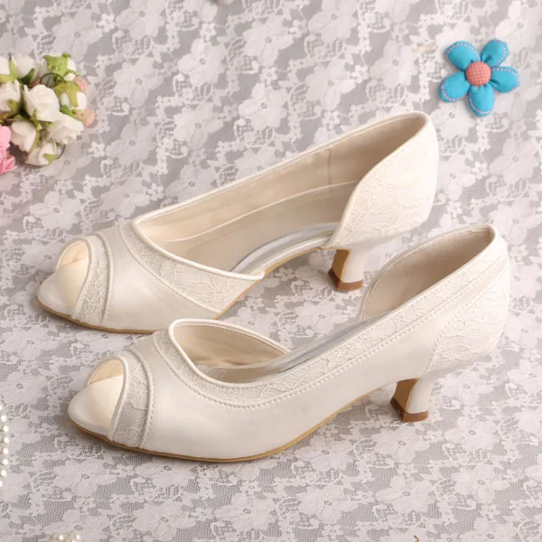 

Off-white Satin Fabric Women Pumps Low Heeled Ivory Shoes Wedding Peep Toe