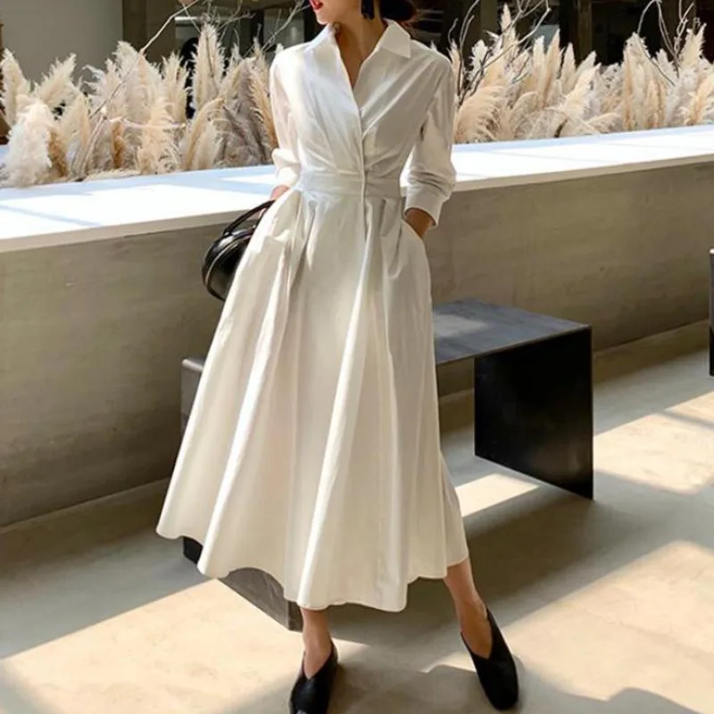 

TVVOVVIN Women Dress Temperament White Dress Cotton Seven Sleeves High Waist Large Hem Summer Dresses Spring Autumn 2019 V157