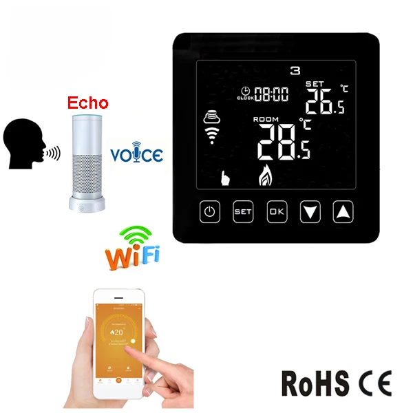 Control de altavoz Alexa Echo HY08WE-2 16A negro App termostato Wifi para calentador infrarrojo película eléctrica de calefacción de suelo de carbono Control de altavoz Alexa Echo HY08WE-2 16A negro App termostato Wifi para calentador infrarrojo película eléctrica de calefacción de suelo de carbono