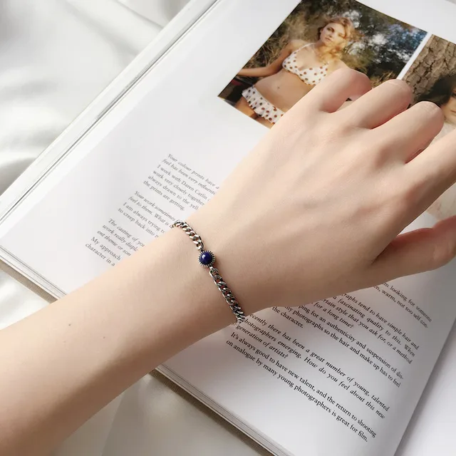 Aliexpress Sterling Silver 925 Bracelets For Women Fine Sterling Silver 925 Bracelets For Women Fine Jewelry Vintage Retro Round Lapis Mini Same Kind Anchor