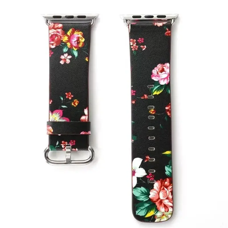Кожаный ремешок с национальным цветочным принтом для iwatch, ремешок для Apple Watch, серия 4, 3, 2, 1, ремешок, 38, 40, 42, 44 мм, браслет на запястье с цветами - Цвет ремешка: 1