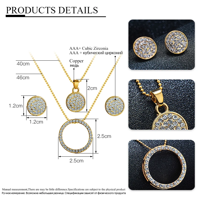 QCOOLJLY Новая мода Золотой цвет круглой формы кристалл кулон ожерелье серьги наборы для женщин Циркон CZ свадебные ювелирные наборы