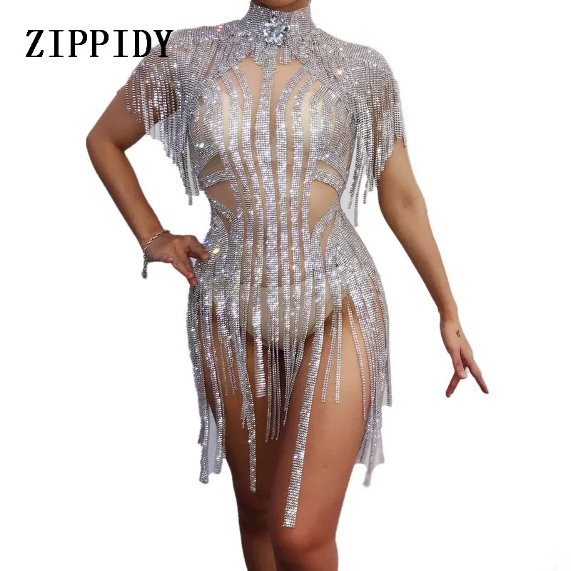 body suits for women Fashion Silver Rhinestones Fringes Bodysuit  Celebrate Costume Female Singer Bling Tassel Leotard Stage Dance Wear backless bodysuit