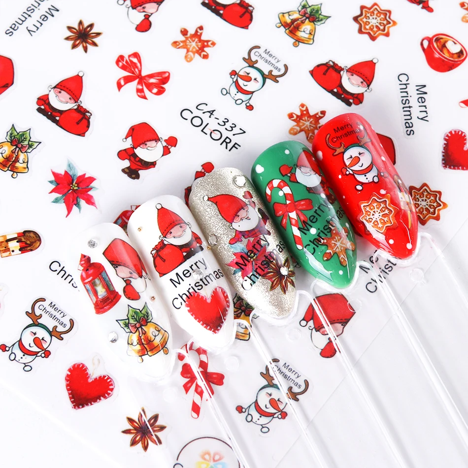 1 шт., зимние стикеры 3D на ногти Nail Art, клеящиеся, рождественские, Мультяшные, снеговик, Санта, цветы, слайдеры, наклейки, маникюрные украшения, TRCA329-337