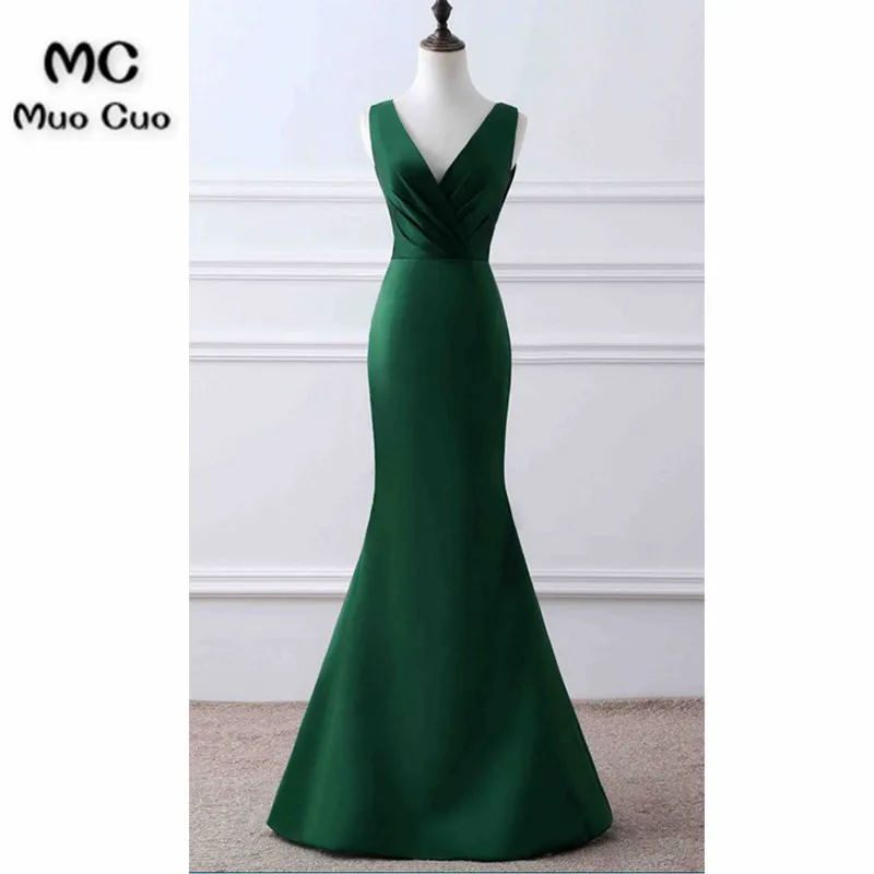 

2018 Teal Mermaid Evening Dresses V-Neck Tank Prom Dresses Long Pleat Satin Lace Up Back Formal Evening Party Dress 100% Real
