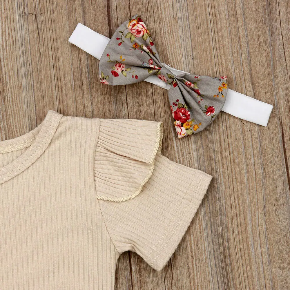 Baby Clothing Set cheap 2019 Baby Summer Clothing Newborn Infant Baby Girl Boys Clothes Sets Solid Ribbed Romper+Floral PP Shorts+Headband 3Pcs Outfit baby dress set for girl