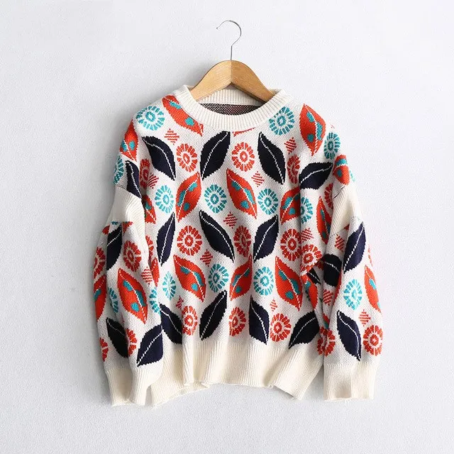 

Women Boho Floral Print Crochet Knitted Sweater Jumper Vintage Female Casual O-Neck Pullovers Slim Sweater Pull