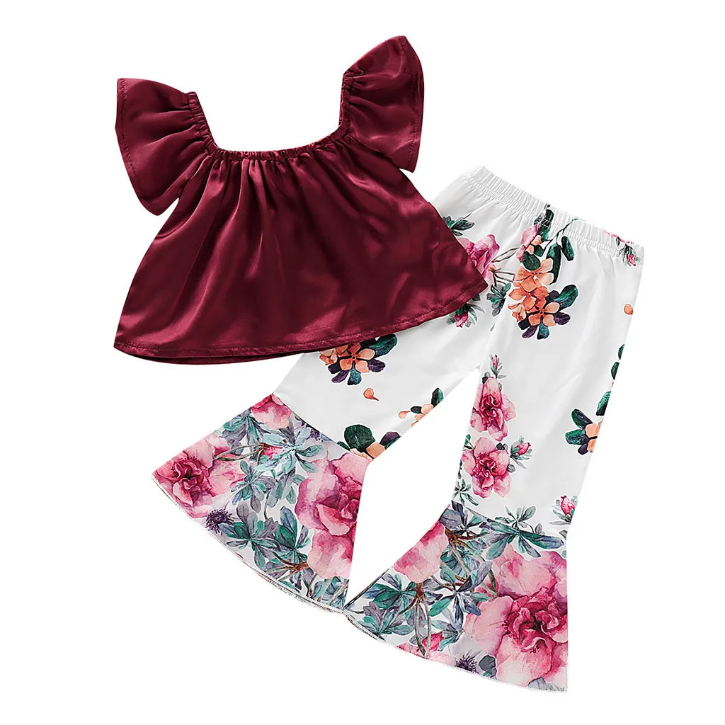 

Floral set 2Pcs Toddler Baby Kids Girls Clothes Set Solid Off Shoulder Tops+Floral Pants Set Outfits baby Girls Clothes