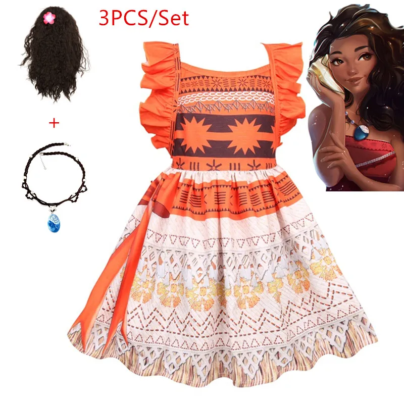Vaiana dress set2 Новое платье Vaiana с necklace ем одежда Моаны платья принцессы Детские праздничные костюмы для косплея с париком одежда для детей Одежда для девочек - Цвет: Vaiana dress set2