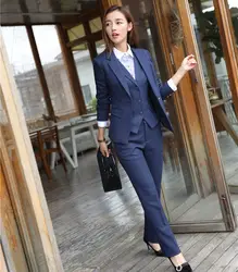 Высокое качество волокно-Формальные женские деловые костюмы 3 шт. жилет, брюки и куртка комплект синий Блейзер Женская Офисная форма стиль