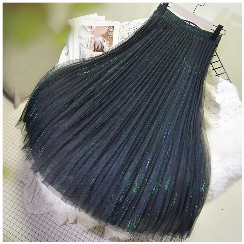 Women's 3 Layer Bright Tulle Skirt Ladies Korean High Waist Shining Tutu Skirt Pleated Mesh Midi Skirts Faldas Autumn - Цвет: Streamer green