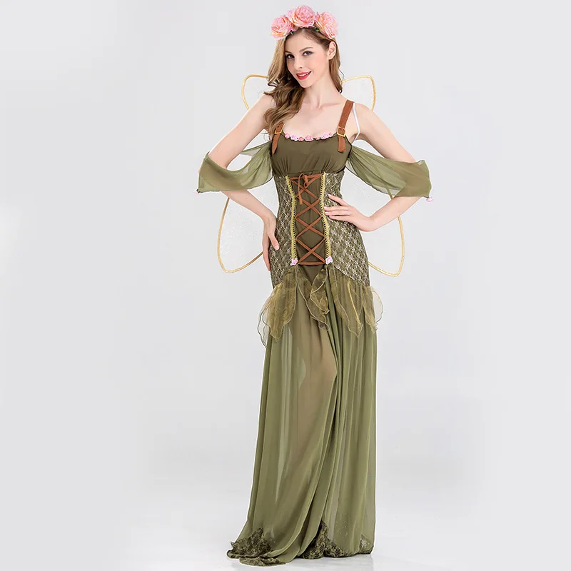 

New Arrival Halloween Party Girls Cosplay Clothing Flower Fairy Elf Role Playing Cosplay Dress Green Forest Elves Cosplay Dress