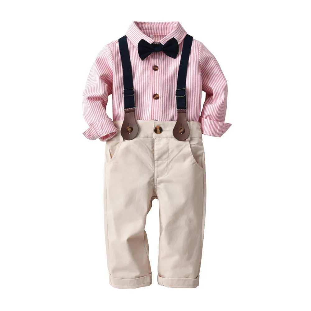 Полосатая джентльменская Бабочка для маленьких мальчиков, рубашка с длинными рукавами+ комбинезон, комплекты со штанами Повседневная весенняя одежда комплекты одежды для мальчиков - Цвет: pink