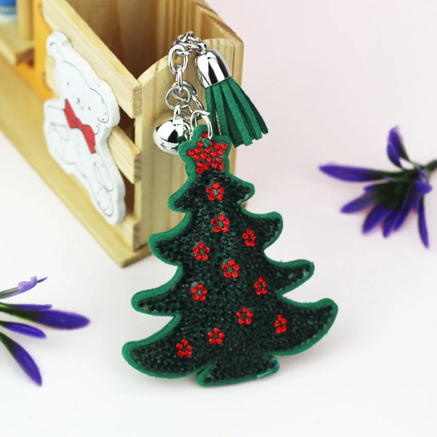 

Sweet Christmas Tree Key Chain Leather Crystal Tassel Pendant Charm Key Ring Girl Green Car Key Holder Accessories TZ72