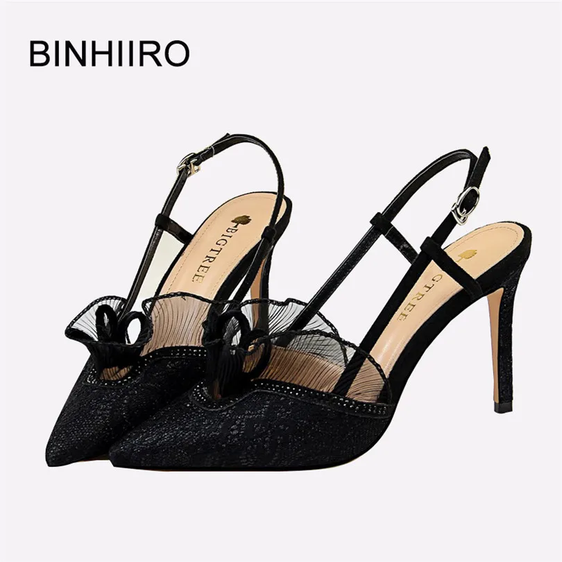 

BINHIIRO 2019 Summer Women Sandals Lace Ruffles Pointed Toe Sexy Hollow Thin High Heels Sandals Fashion Party Black Femme Sandal